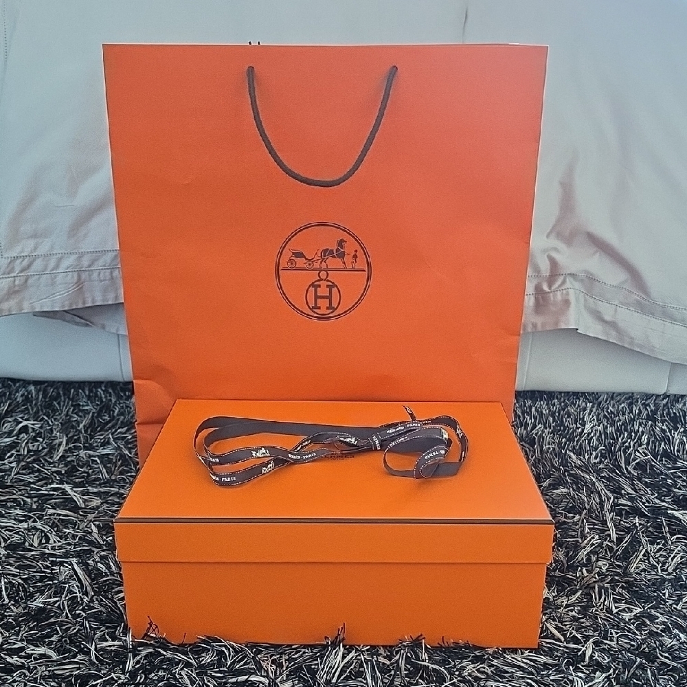 Hermes Orange Gift Box and Shopping Bag with Brown Ribbon